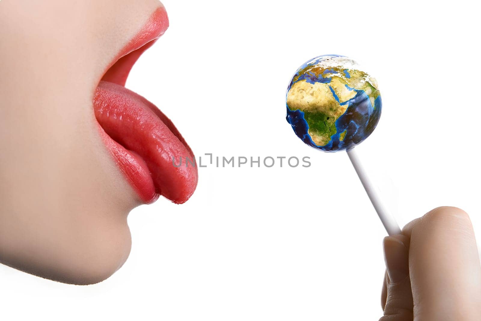 Woman eat lollipop as earth isolated on white