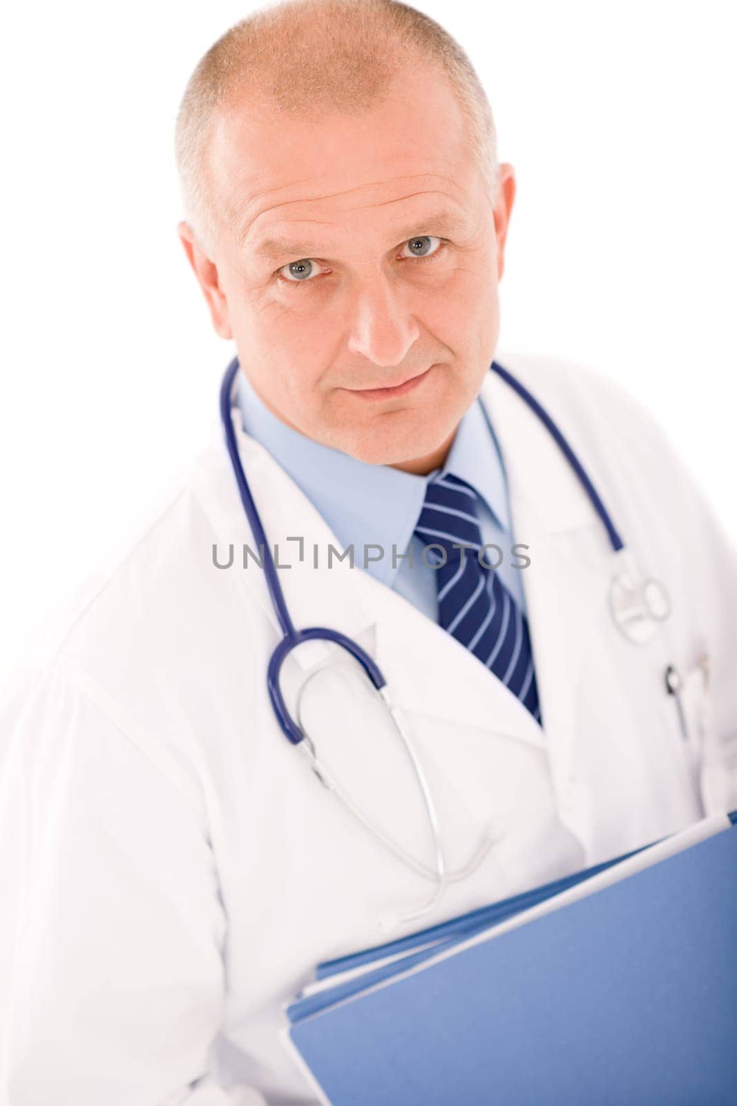 Professional senior doctor male with stethoscope portrait with document folders
