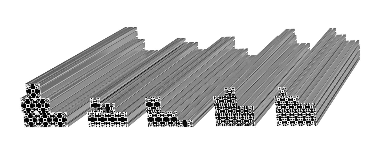 Stack of aluminum extruded profiles isolated on white 3d render