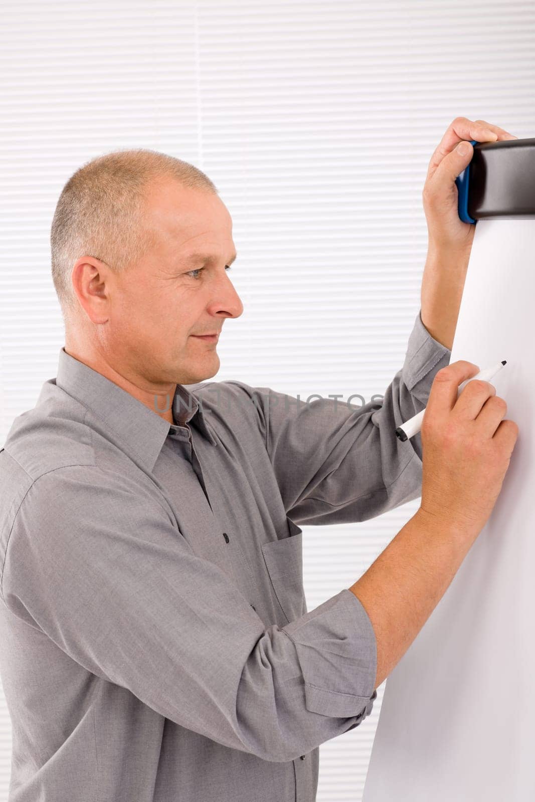 Handsome mature businessman writing at empty flip chart looking aside