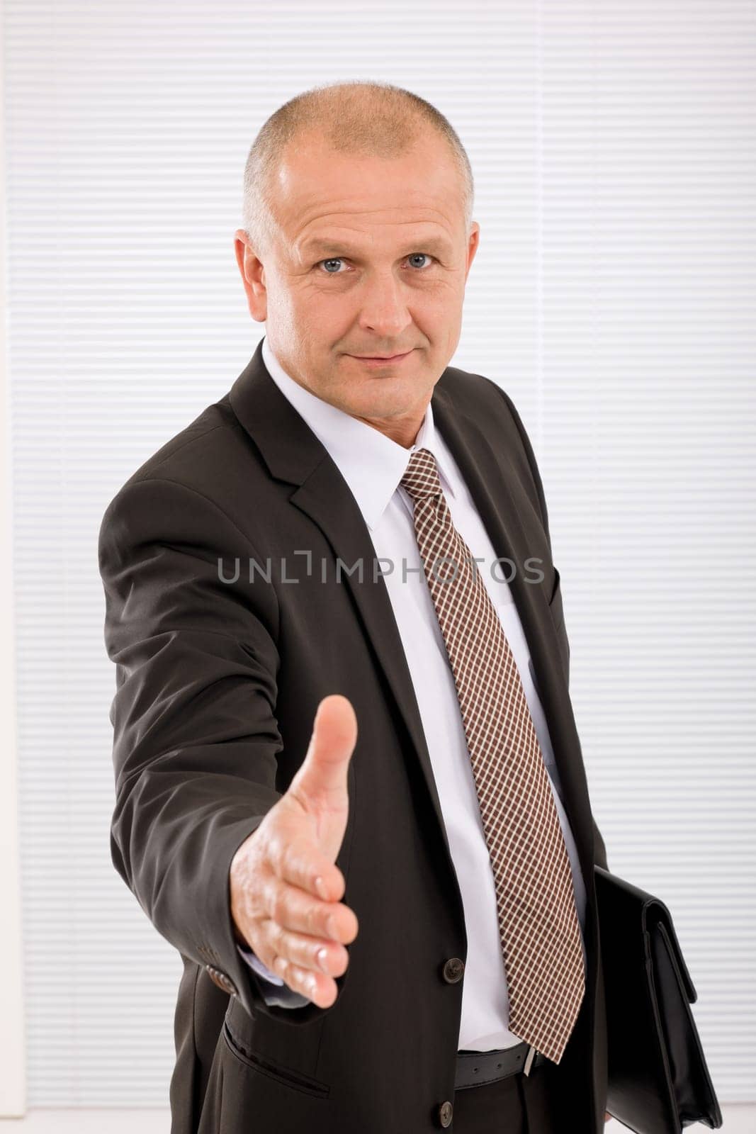 Successful mature executive businessman giving handshake close deal portrait
