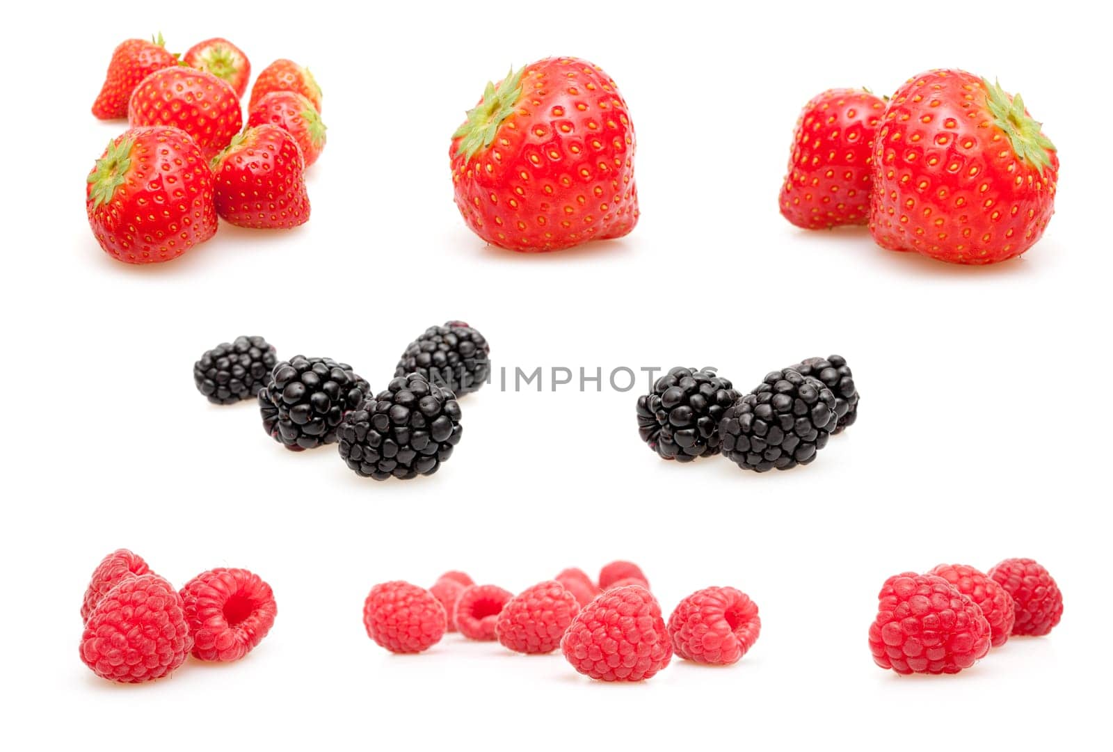 Forest Fruits - Strawberries, Raspberries and Blackberries on White Background - With Shadow