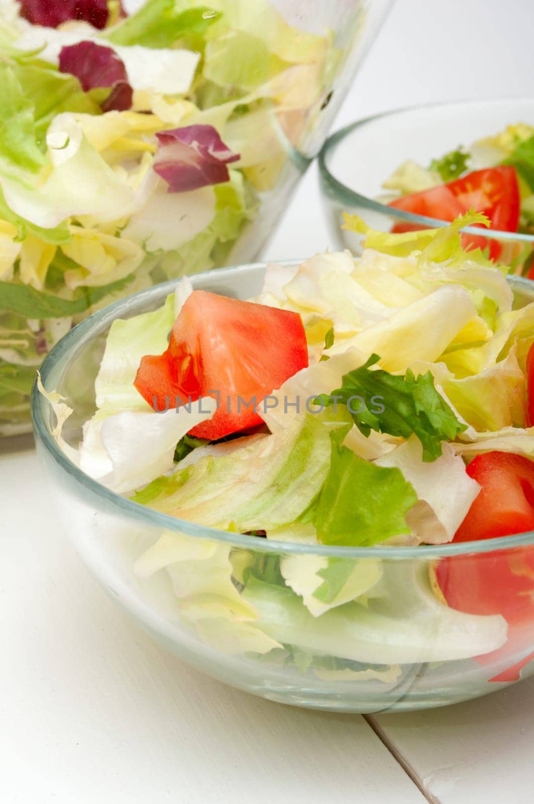 Fresh Salad of Green Vegetables in Glass Bowls