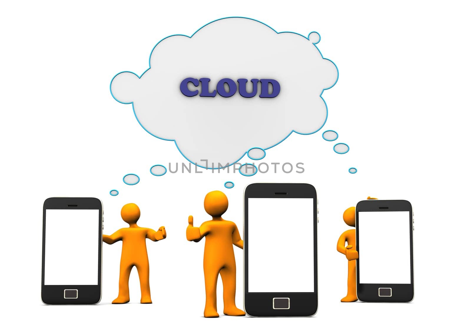 Orange cartoons with smartphones using the cloud computing.