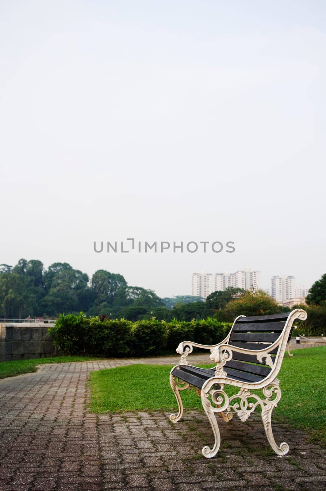Empty bench in a park, to convey a feeling of waiting or expecting for the future or time passing.