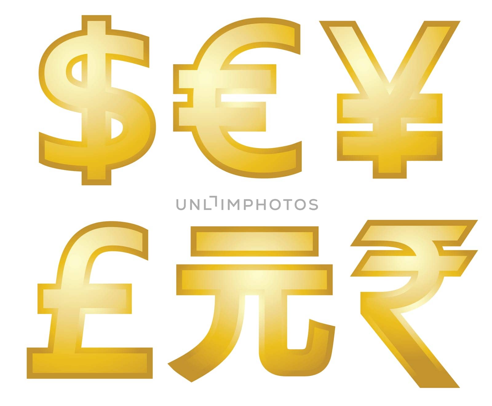 all major currency symbols in gold. Dollars, Euro, Pounds, yen, yuan, and rupee.