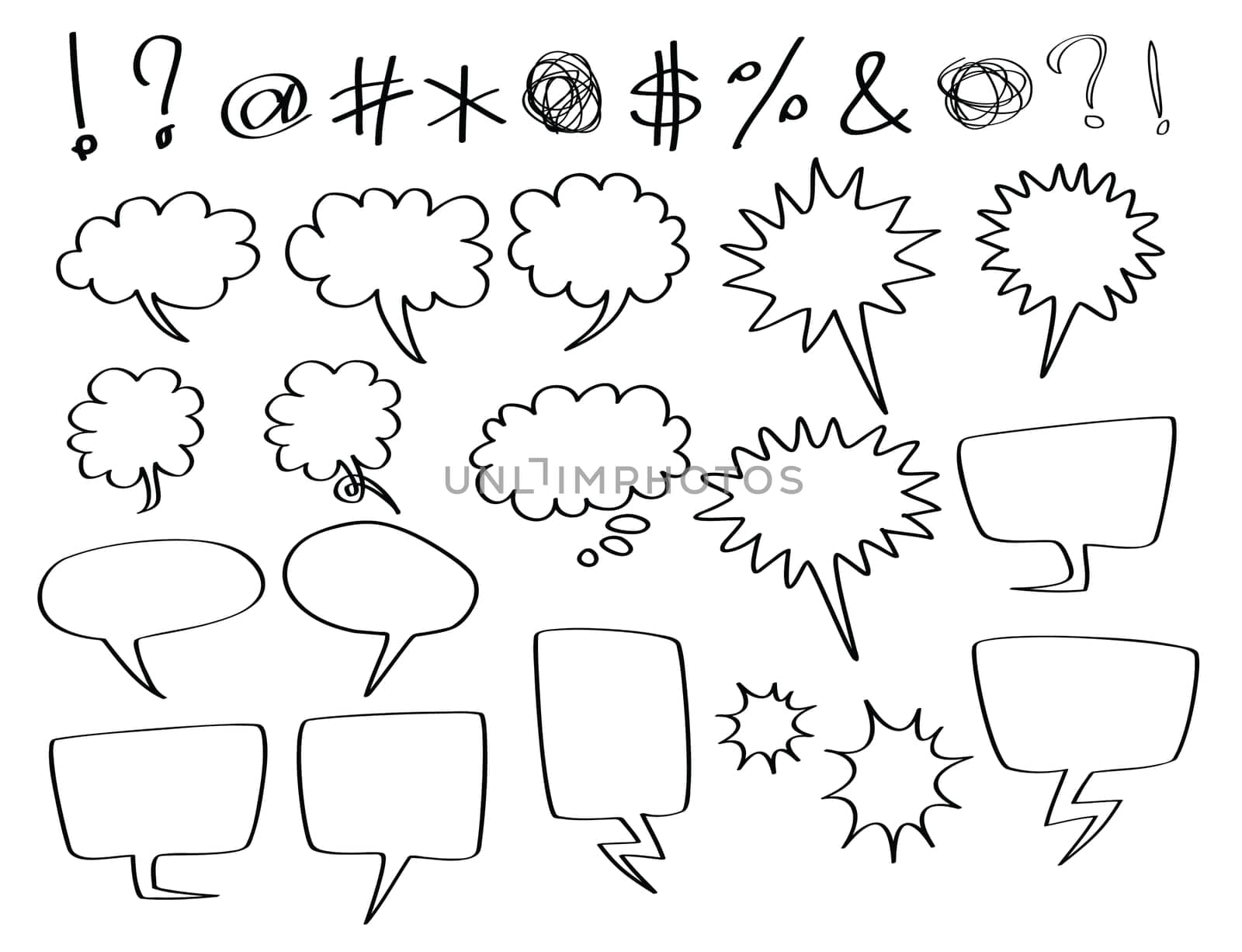 hand-drawn speech and thought bubbles, in comic style.