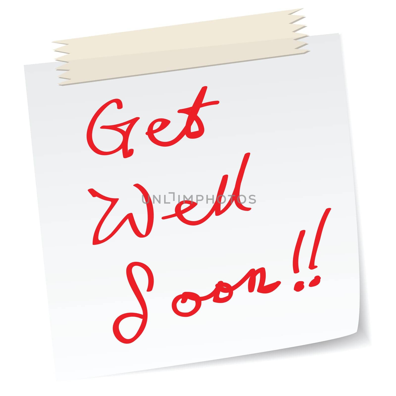 get well soon message on a paper note, in handwriting message.
