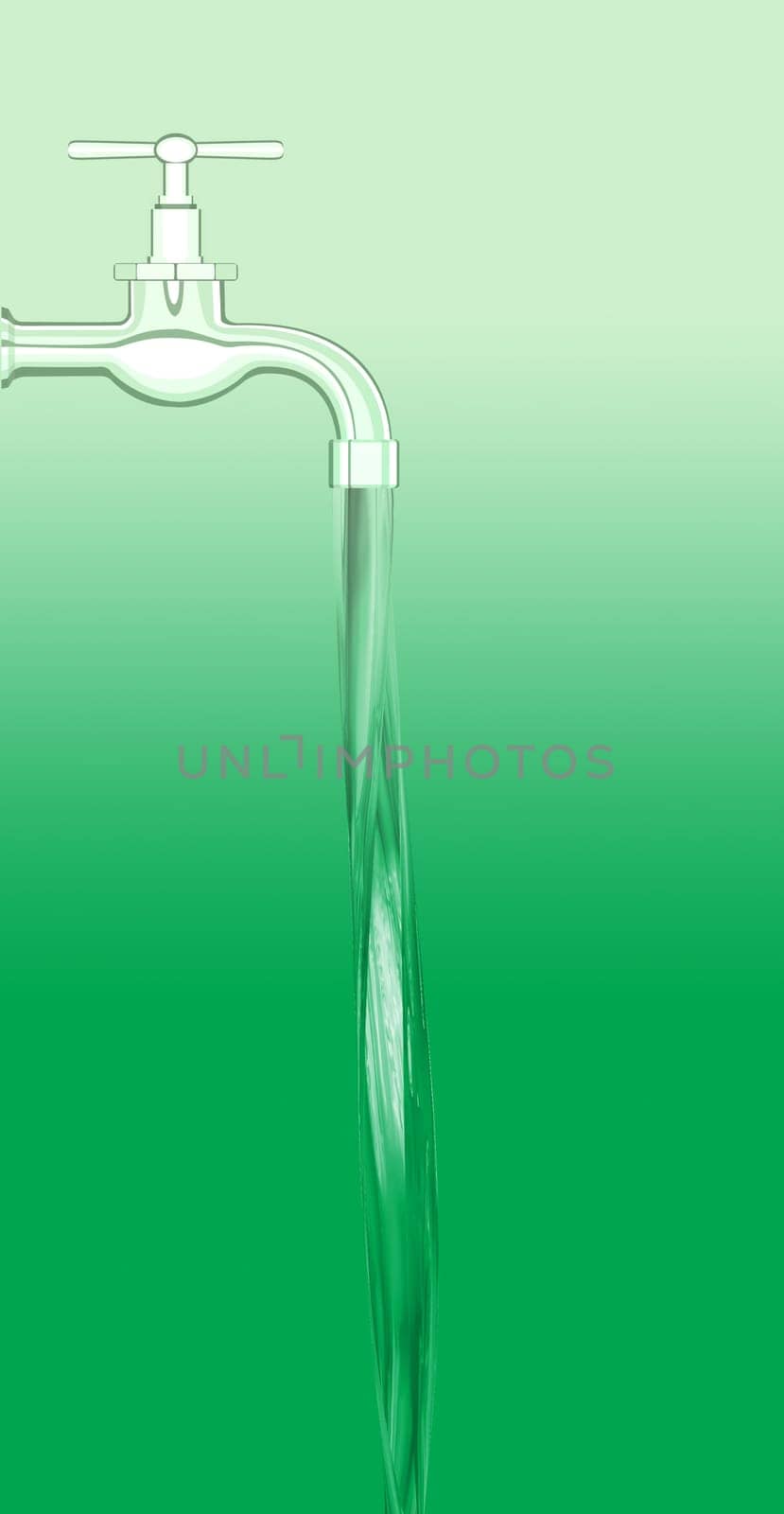 a water tap with realistic flowing water, on a green background