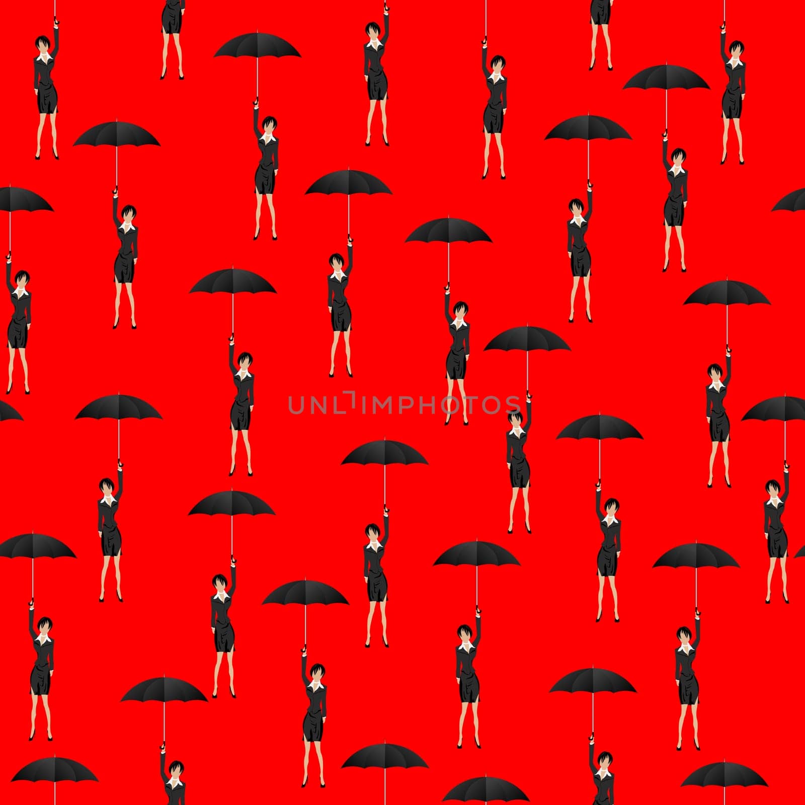 Abstract pattern with girl silhouette in a business dress holding a umbrella. Seamless design.