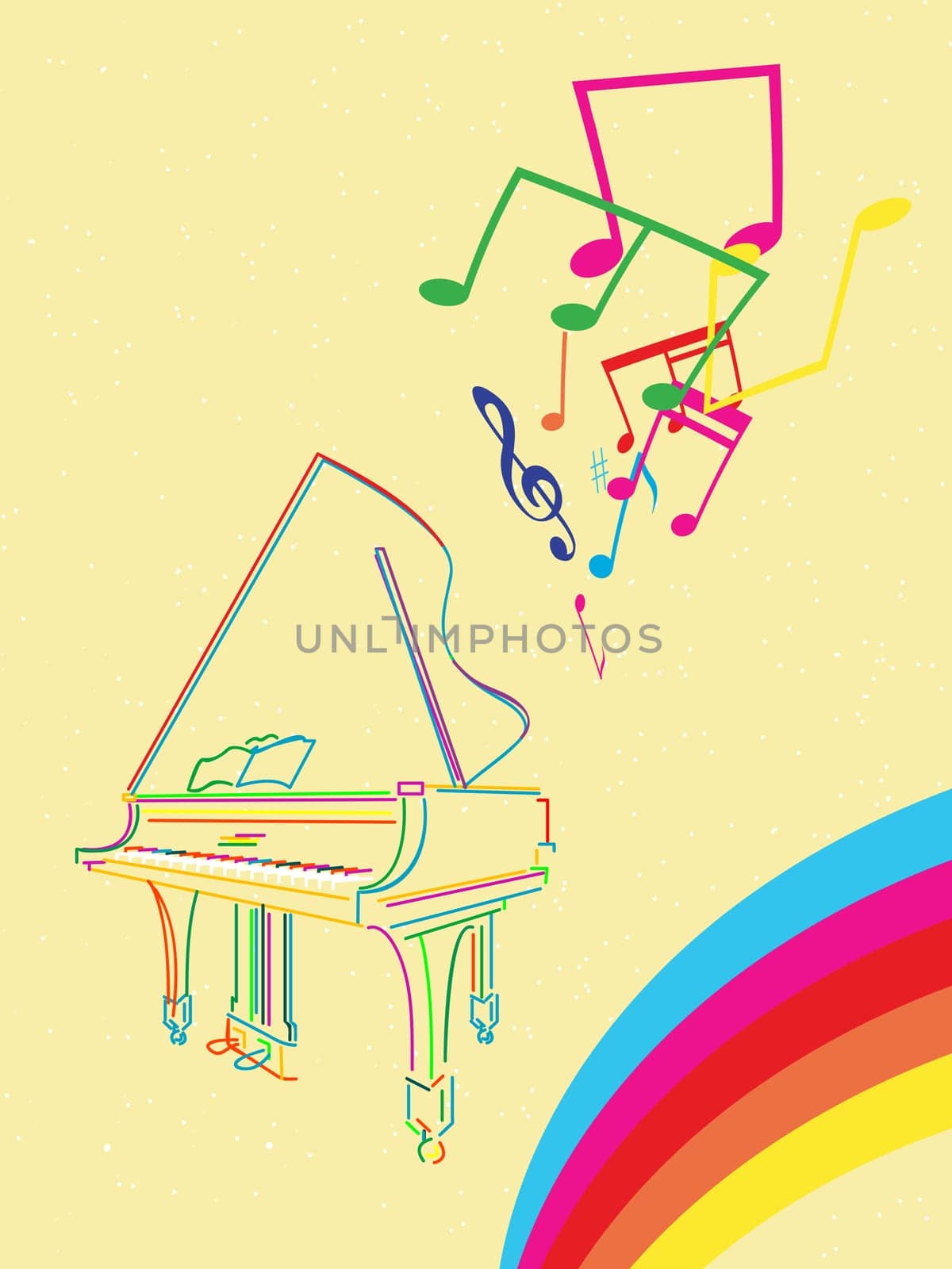 Classical grand piano sketch with musical notes and rainbow, abstract musical background