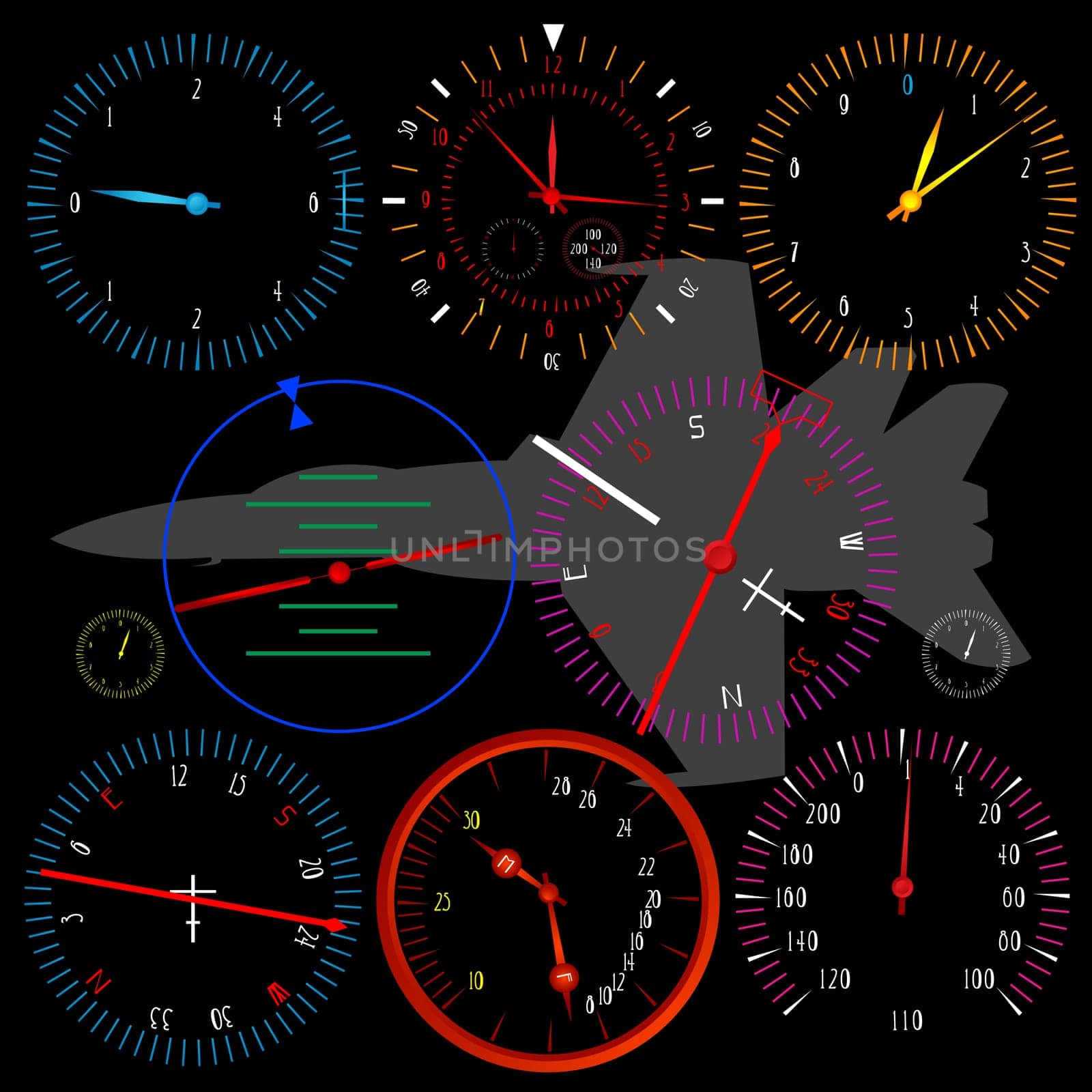 Modern airplane dashboard over black background, isolated and grouped objects.