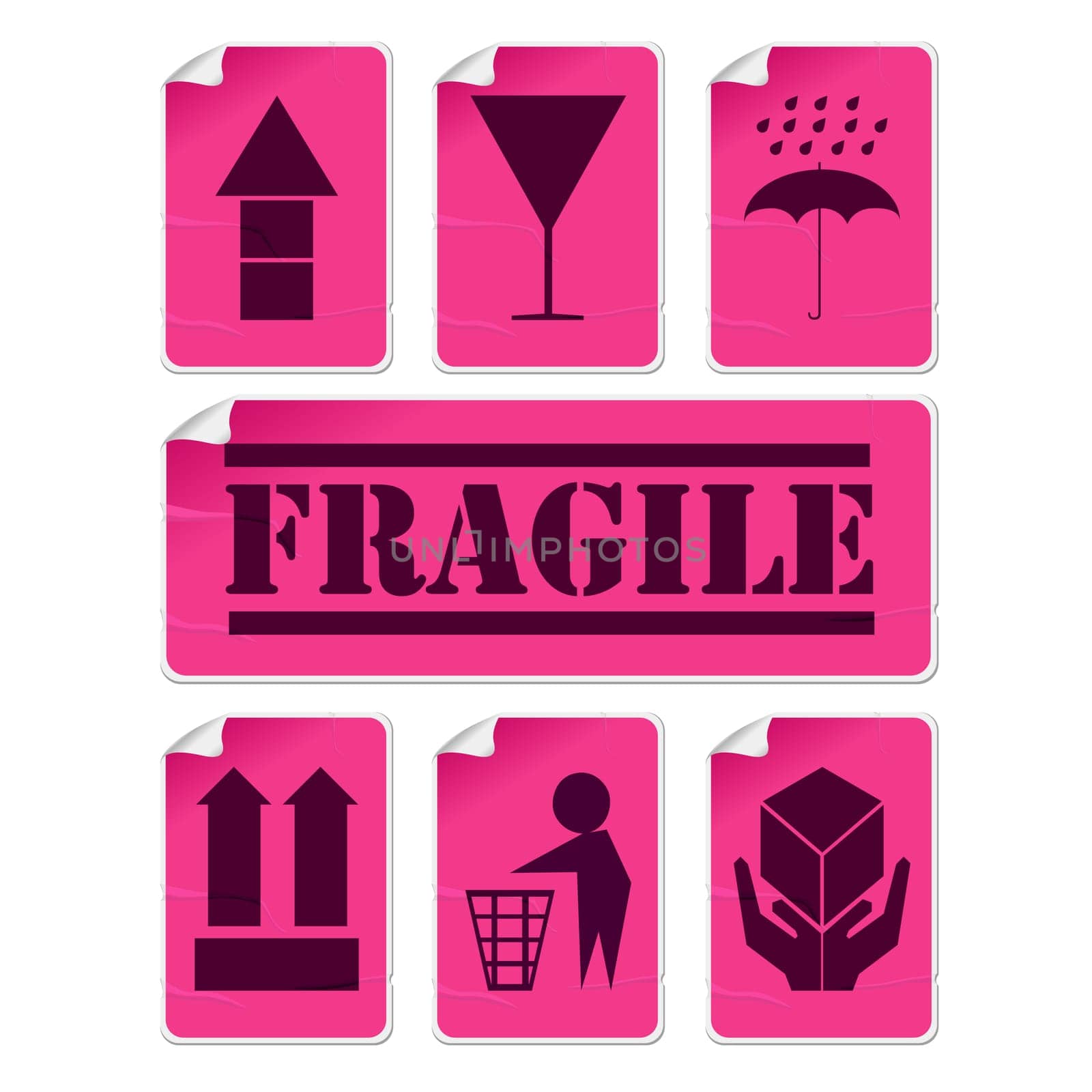 Stickers collection with glue marks and corner, isolated and grouped objects against white background