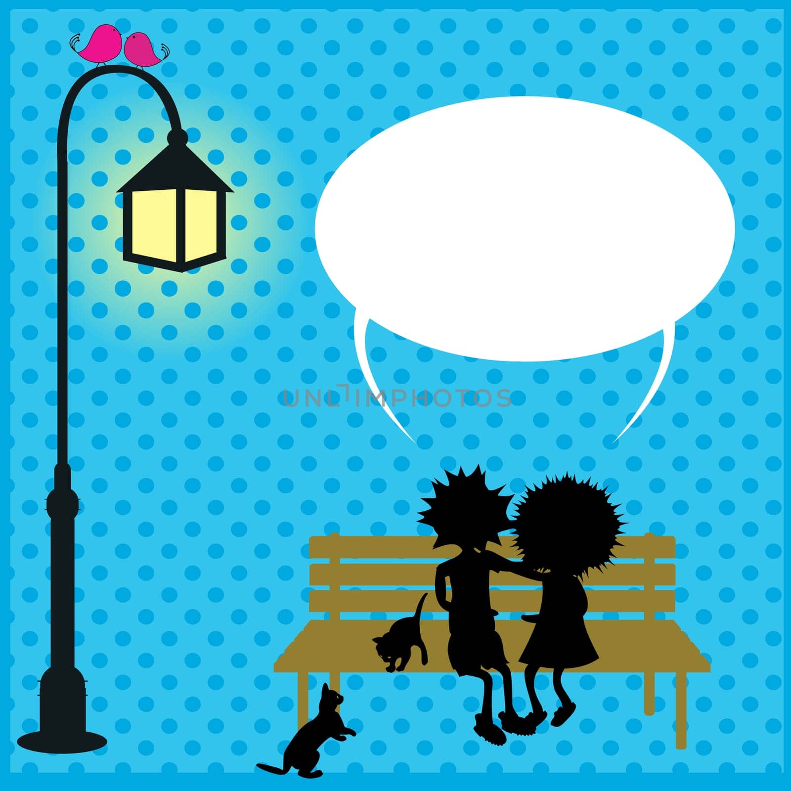 Image shoes two lovers on a bench in the park declaring their love. Speech buule for text, love card