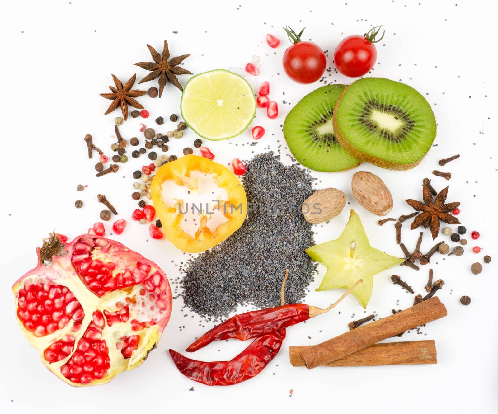 Colorful spices on a white background - beautiful kitchen image.