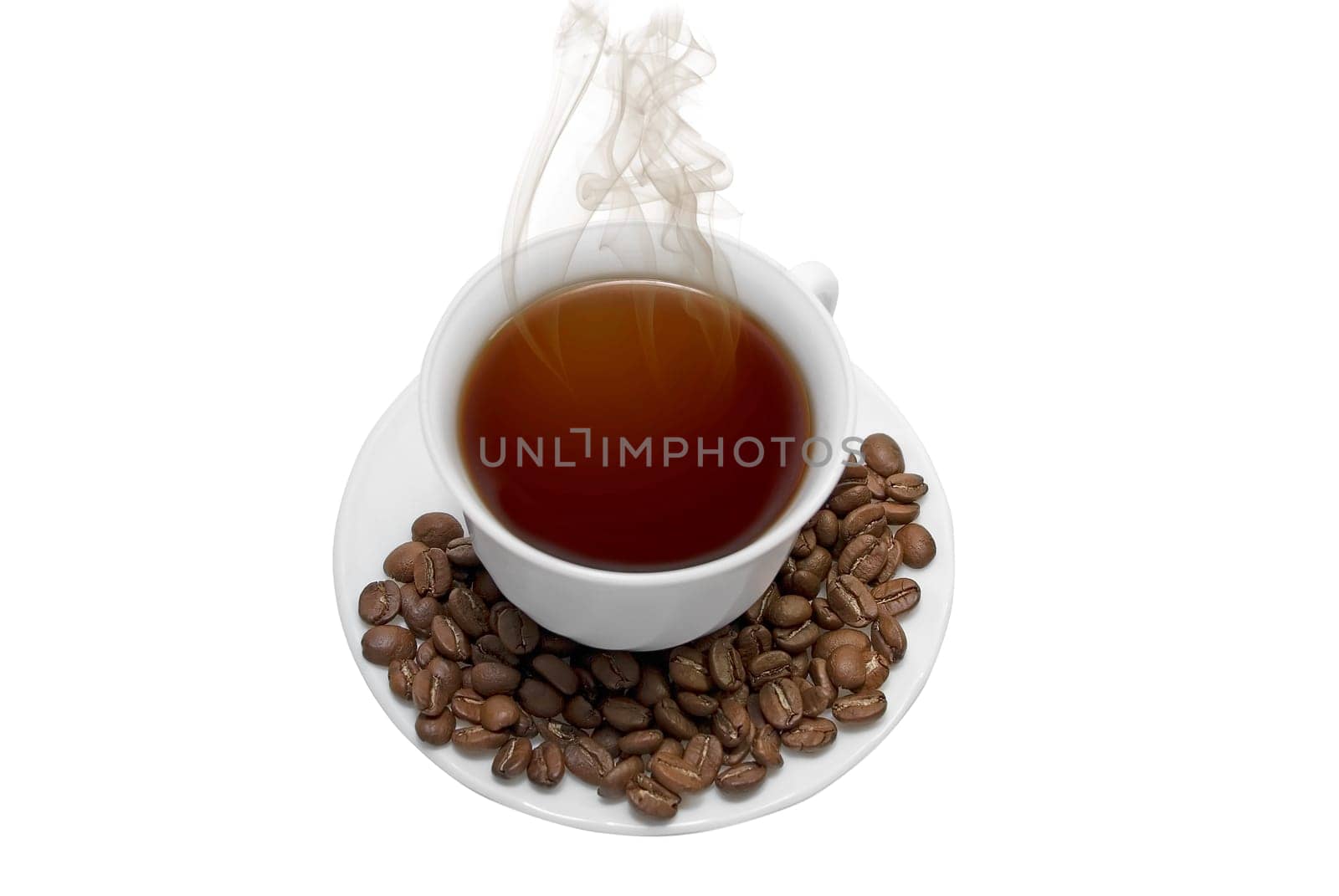 Perfect white coffee cup with beans and steam isolated on white