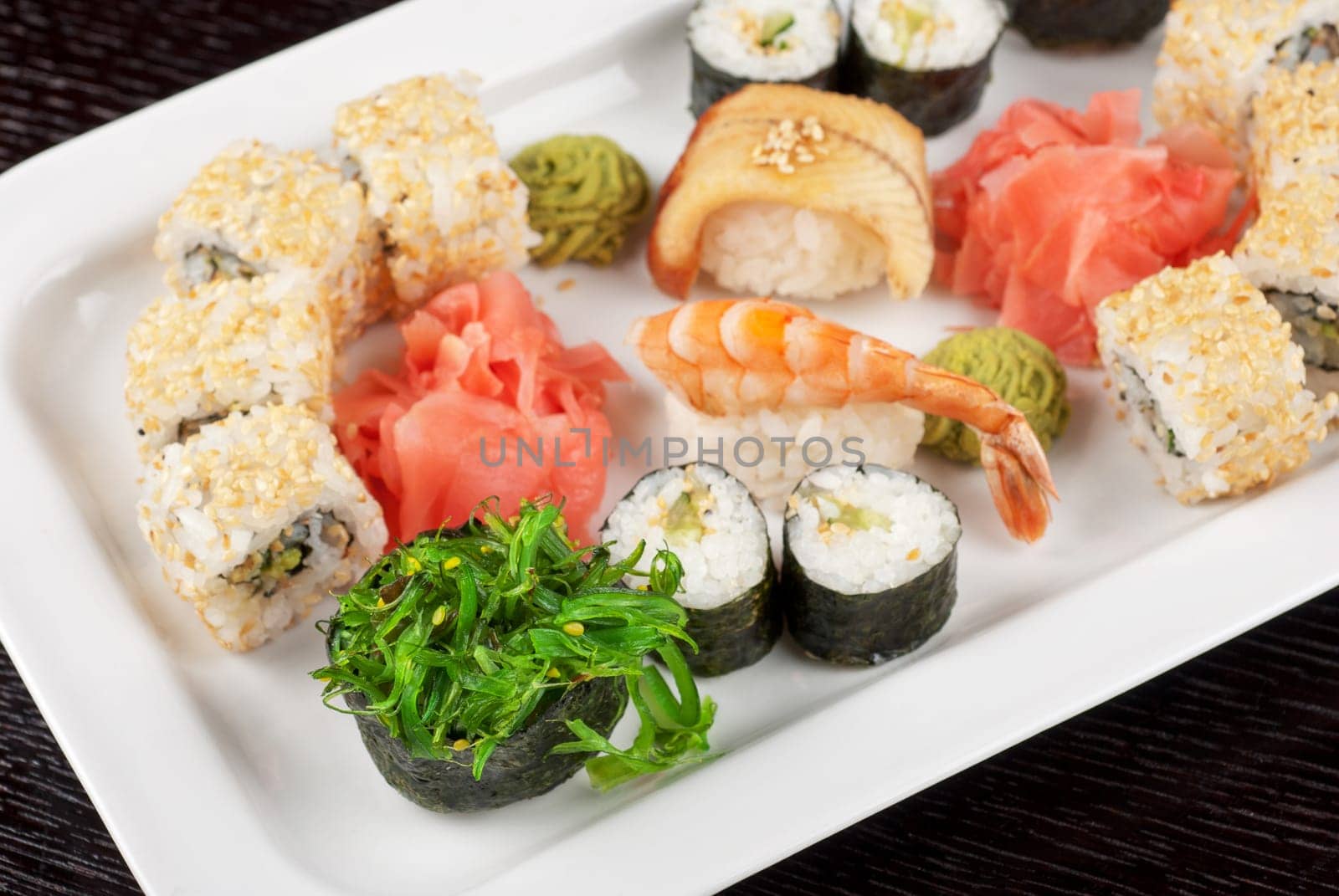 view of closeup japanese sushi set at plate