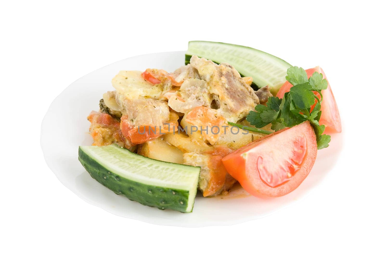Tasty meat dish on white