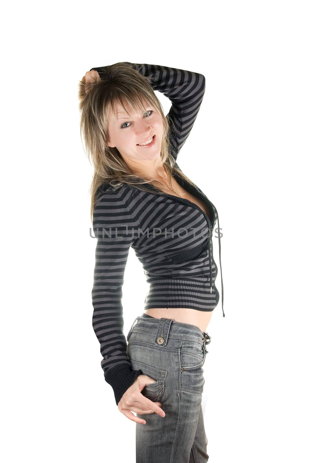 happy lovely european woman on white background