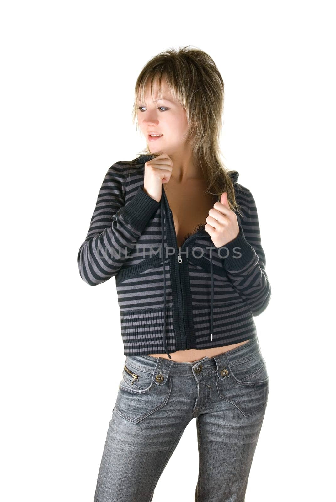 Lovely young beautiful blond woman on white