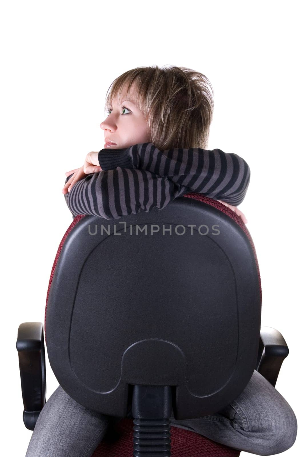 Girl at chair isolated on white background