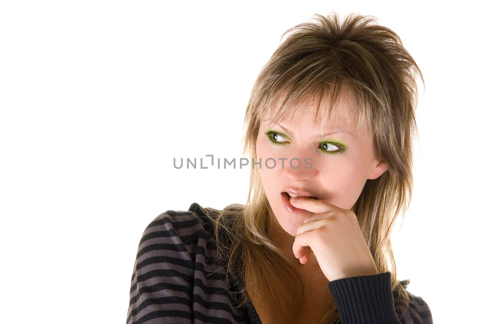 european lovely thinking girl on white