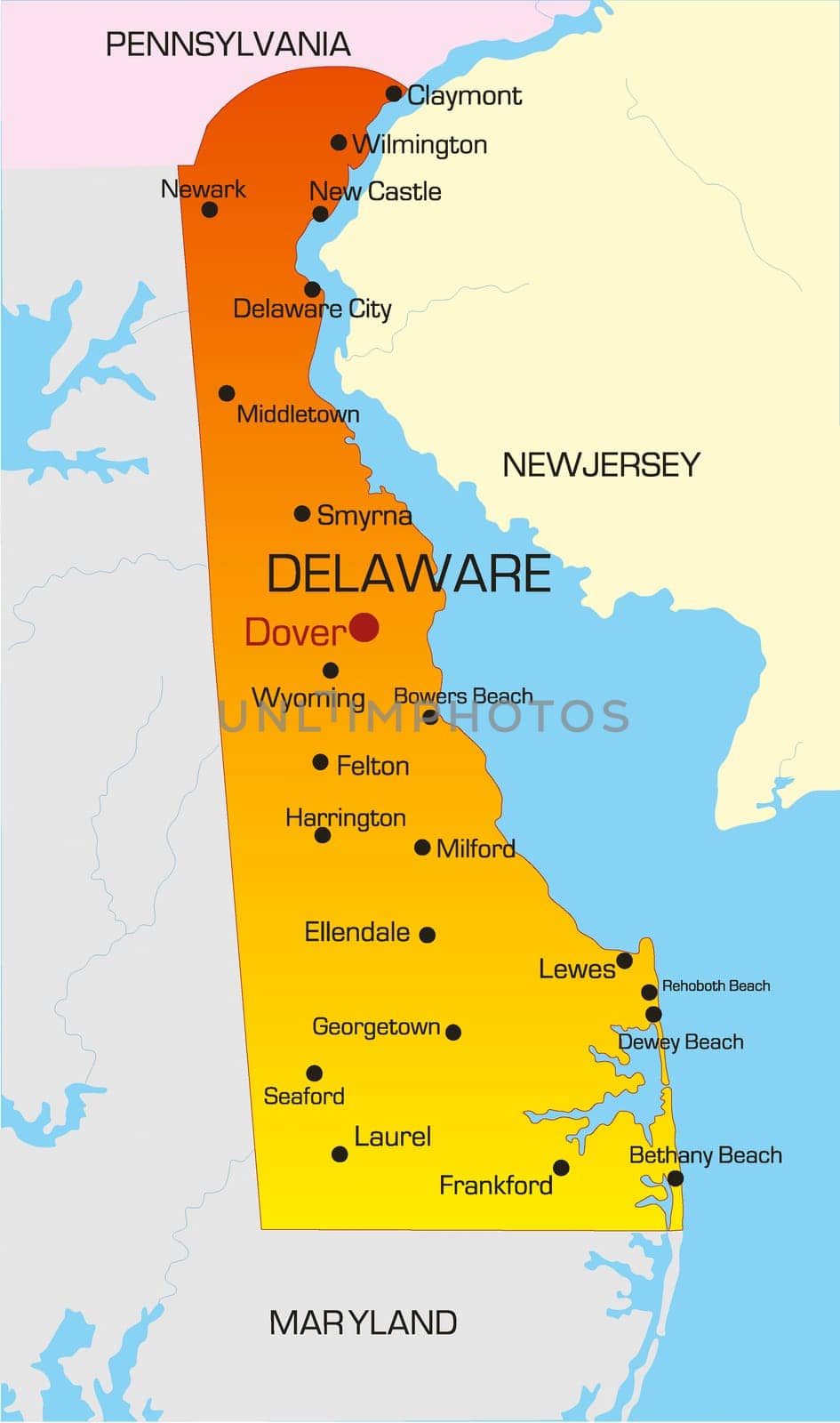 Vector color map of Delaware state. Usa