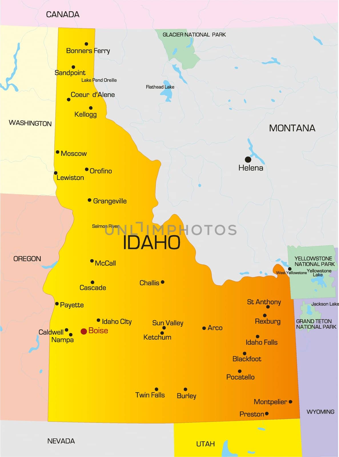 Vector color map of Idaho state. Usa