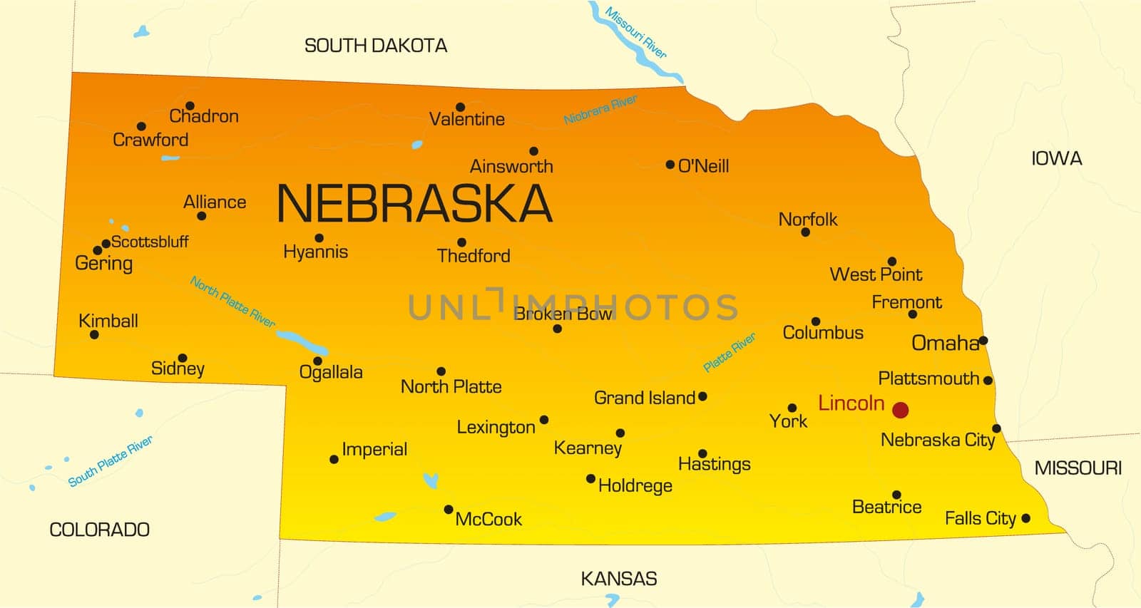 Vector color map of Nebraska state. Usa