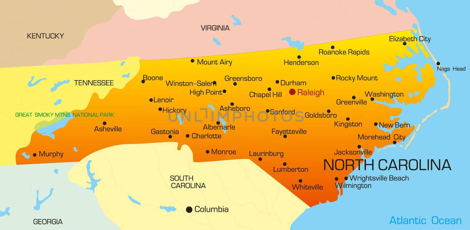 Vector color map of North Carolina state. Usa