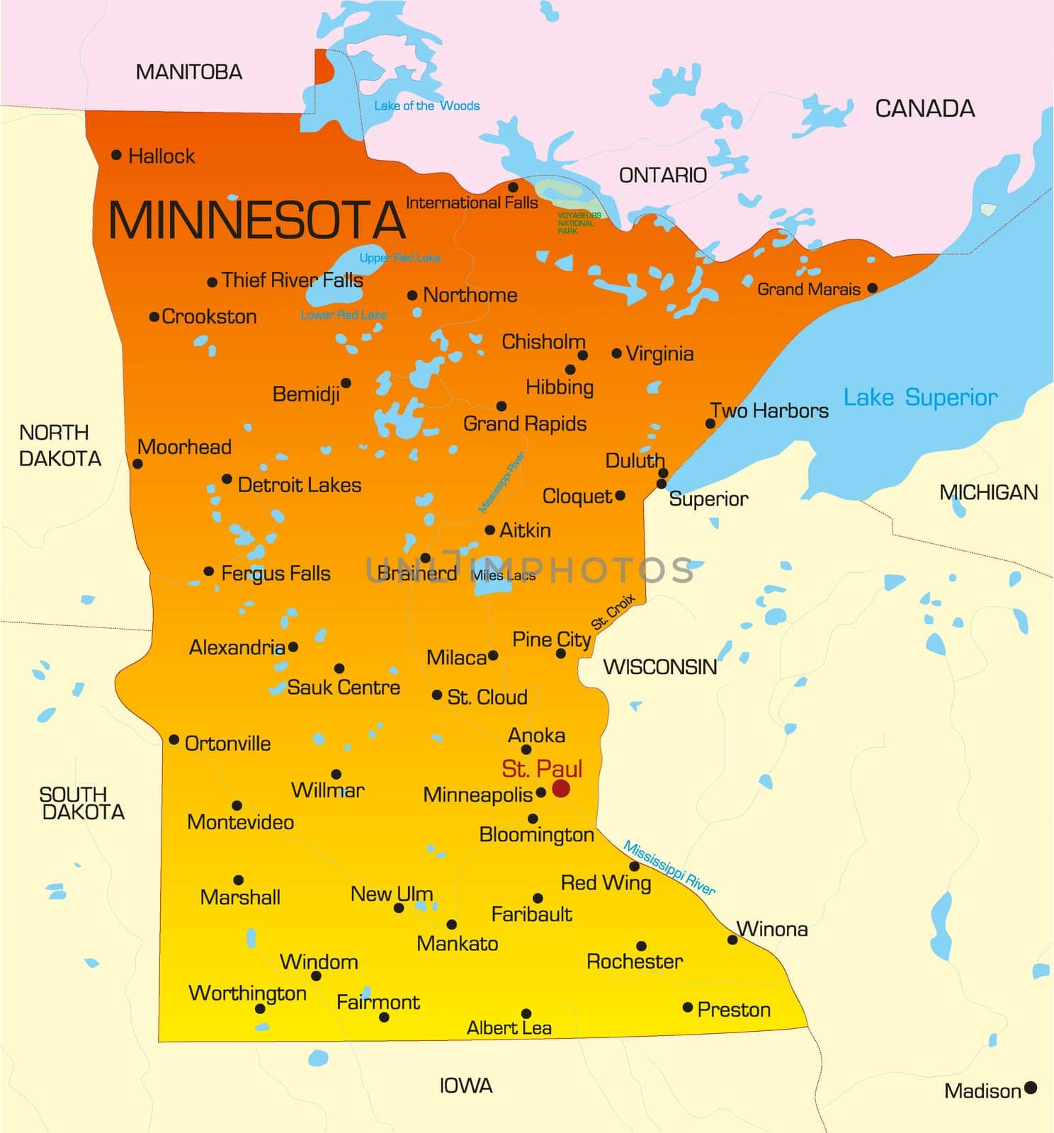 Vector color map of Minnesota state. Usa