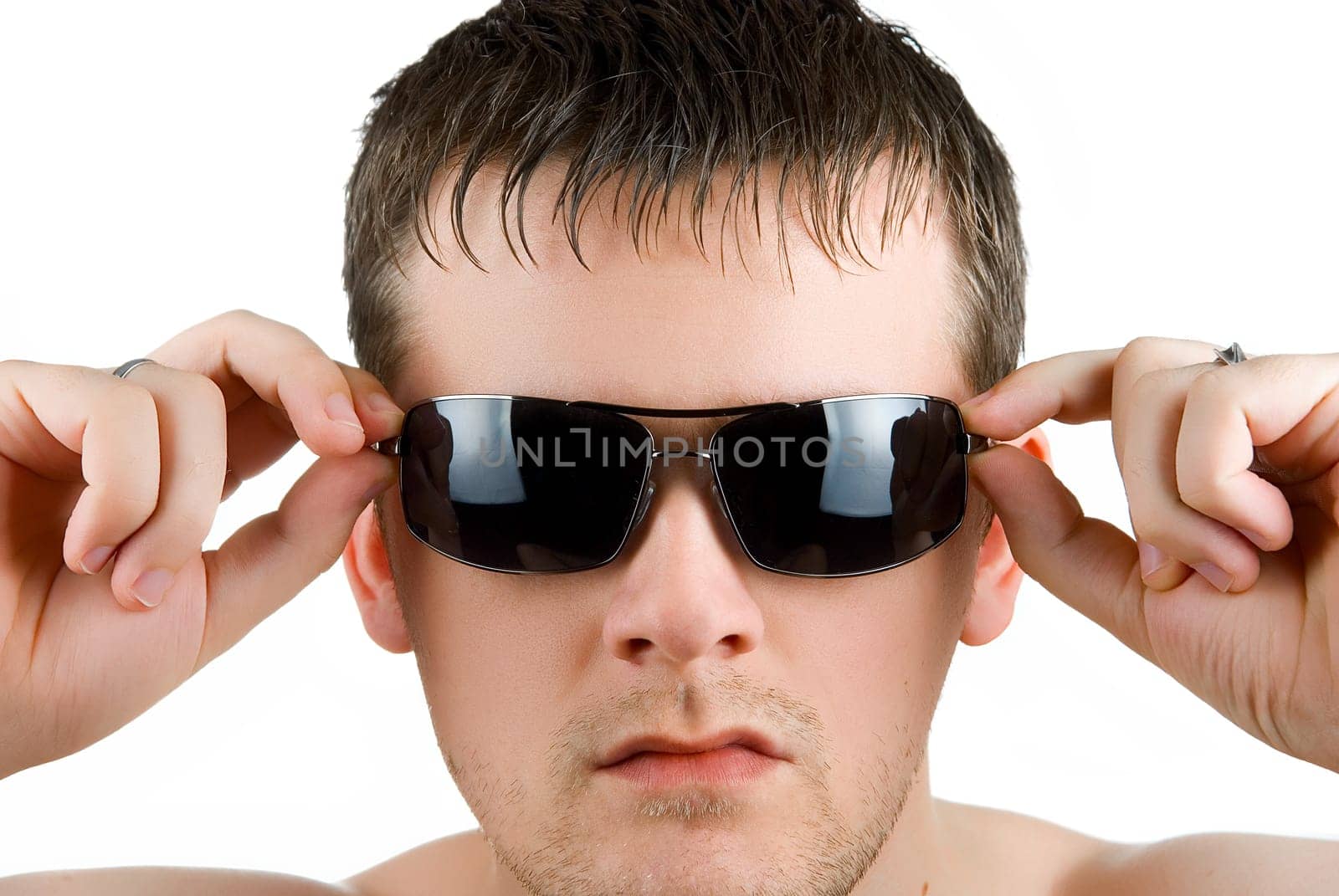 young man portrait with sunglasses on white