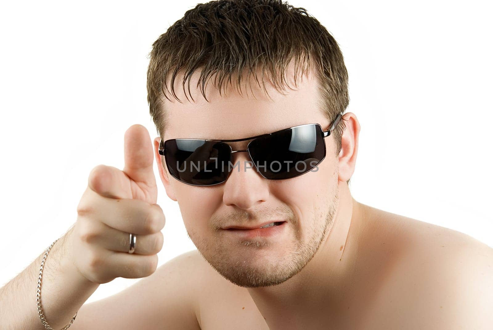 Man in black sunglasses on white background