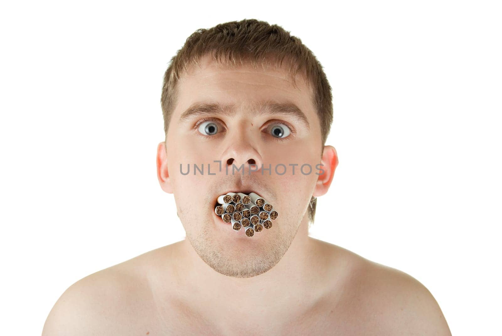 young man with many cigarettes in his mouth