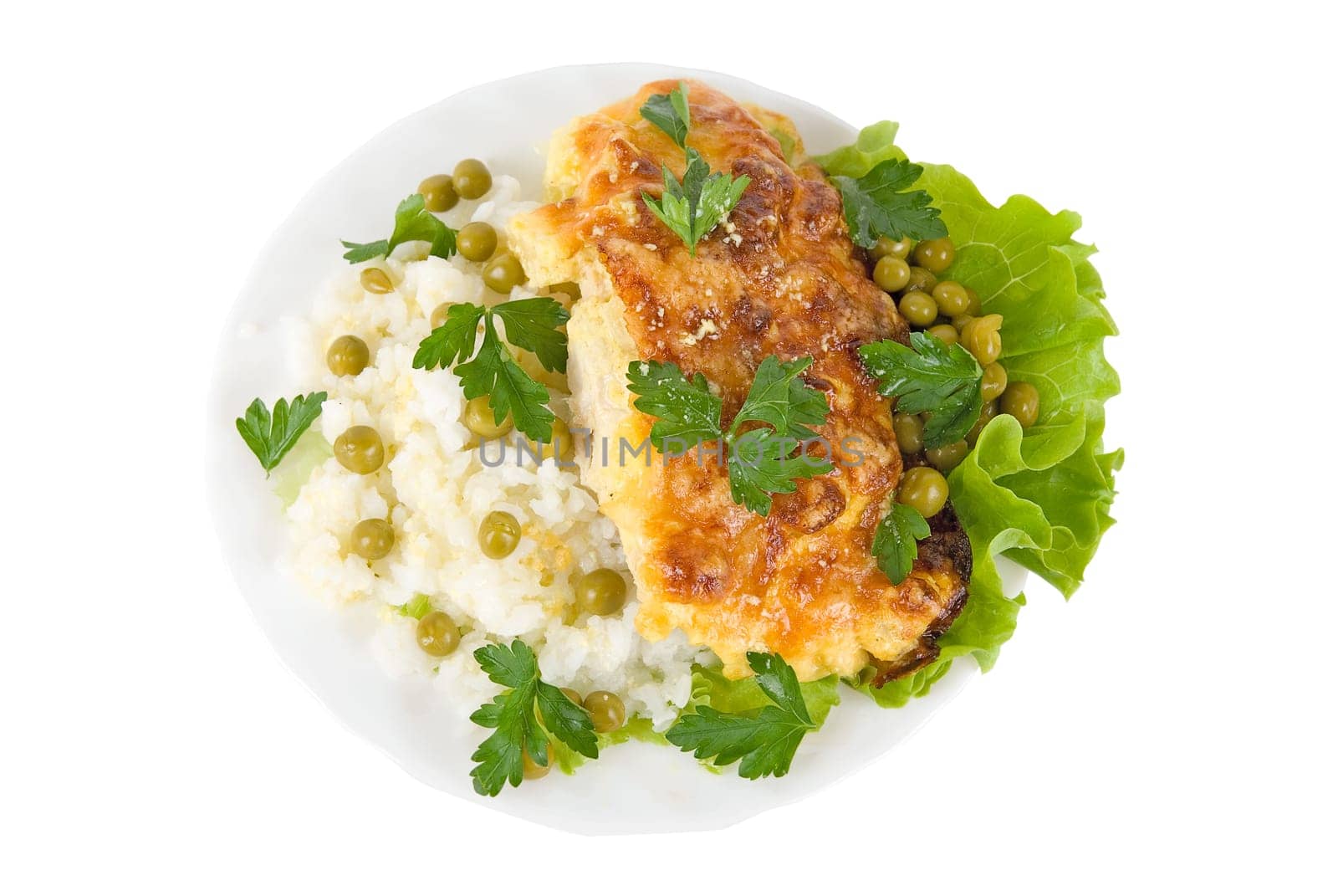Chicken baked with pineapple and cheese with rice vegetables garnish
