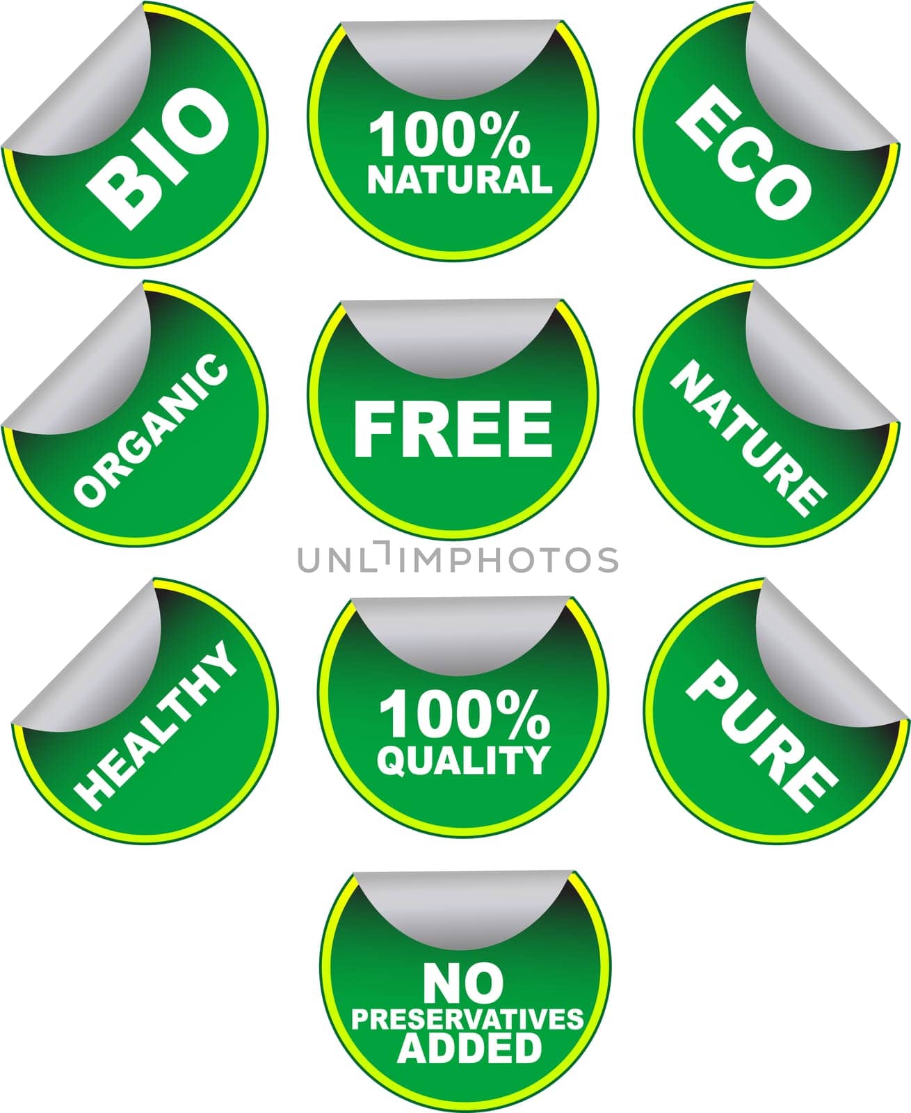 Set of green vector labels for organic, natural, healthy, bio food on white