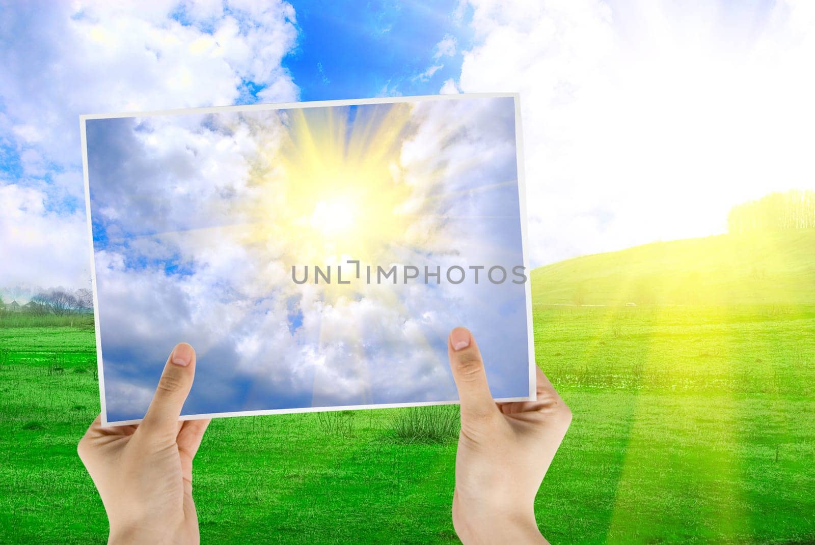 Hand holding photo of sky sunset backgroundon nature background