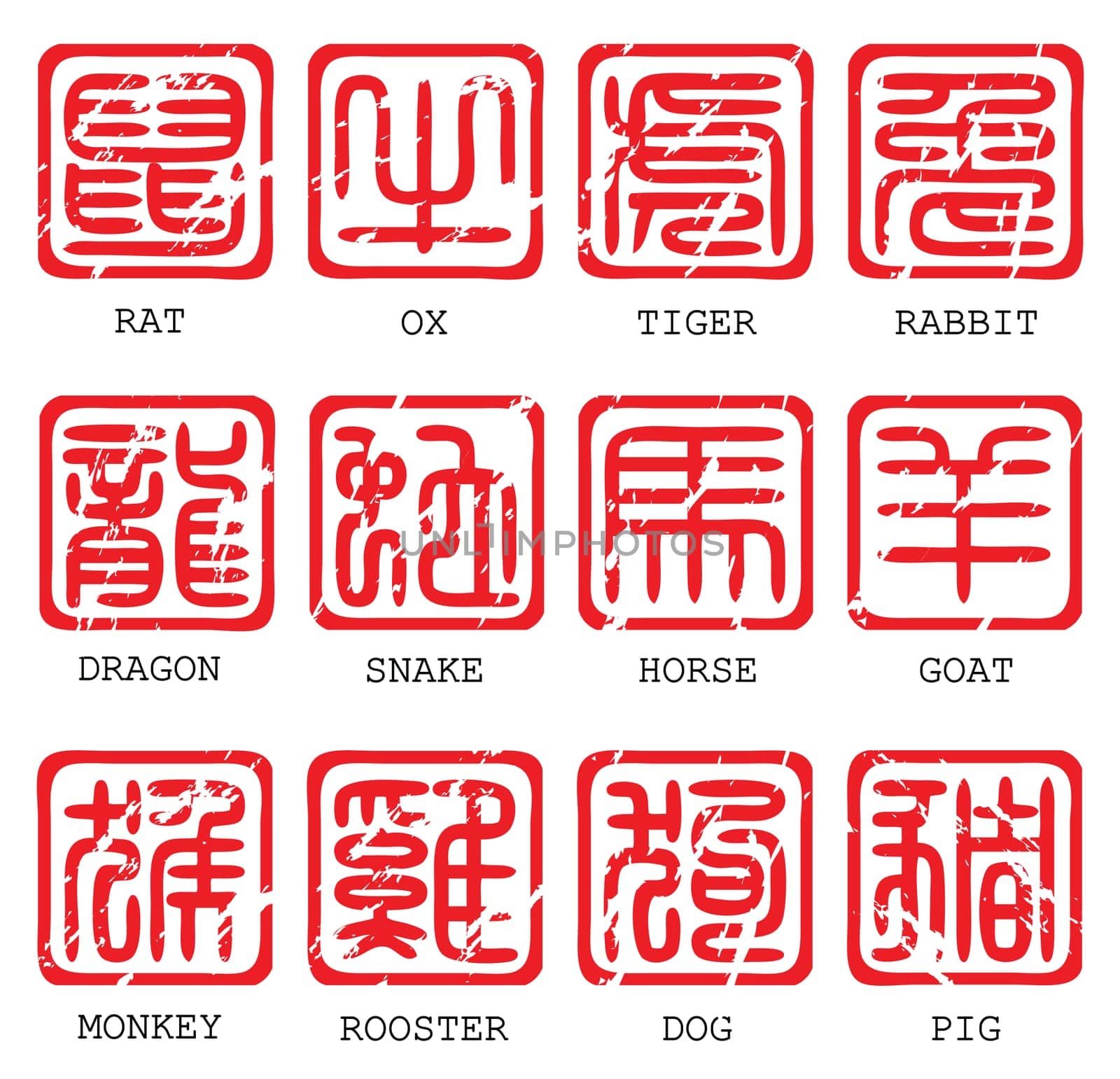 chinese horoscope set in ancient chinese script style.