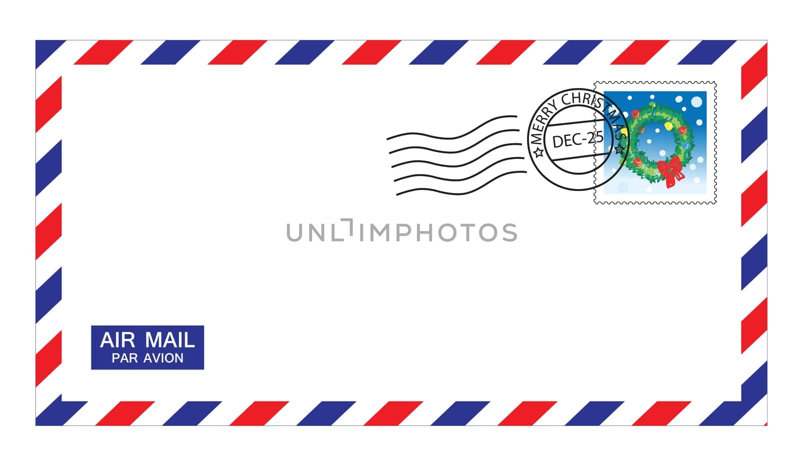 illustrations of airmail envelope with christmas stamps and post mark.