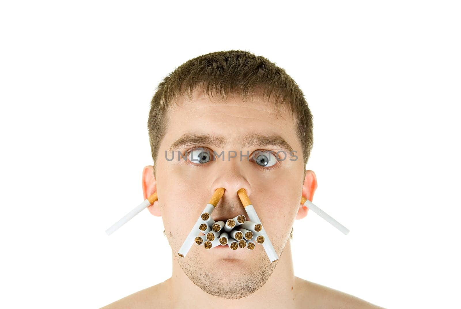 young man with many cigarettes in his mouth