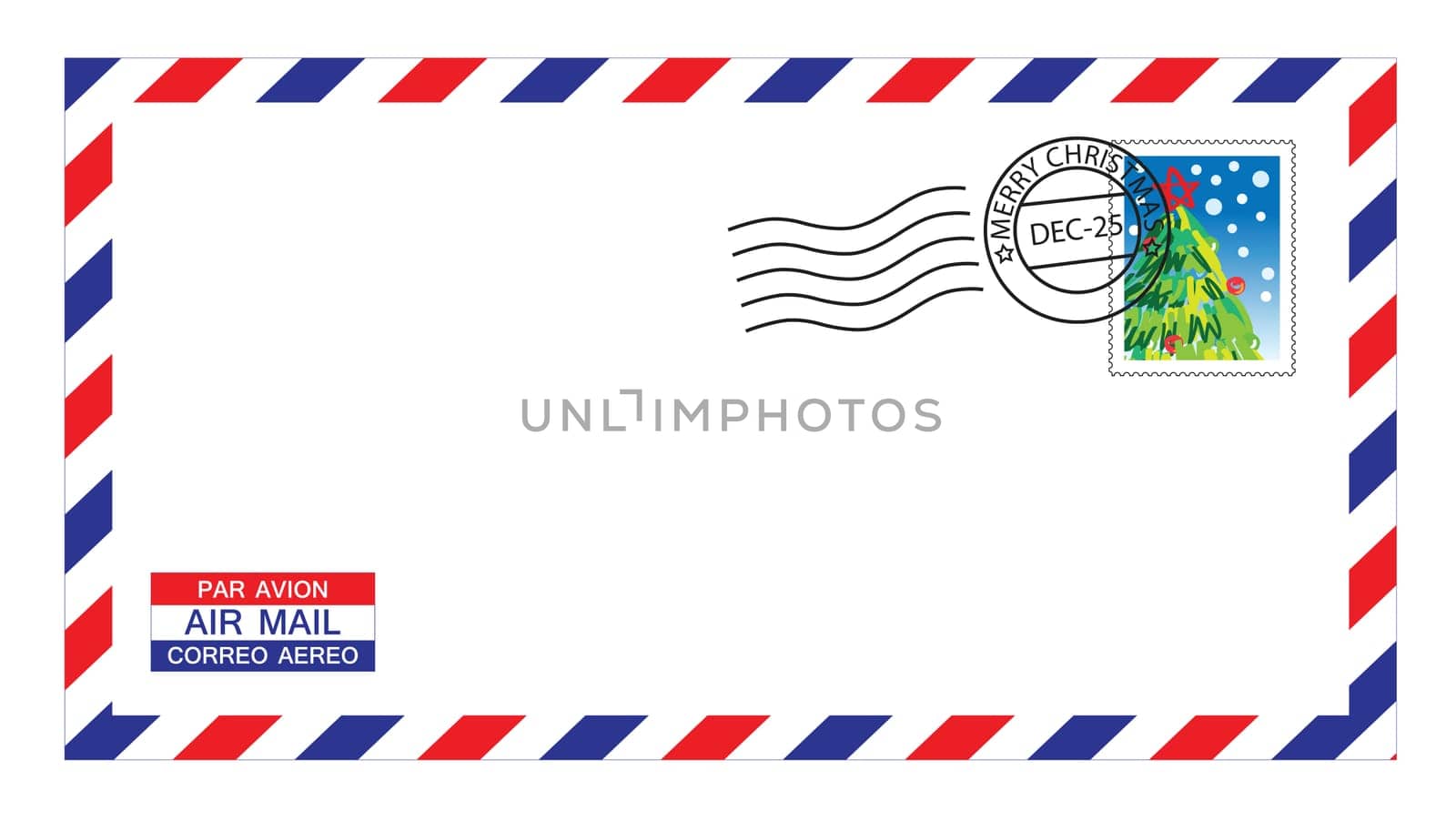 illustrations of airmail envelope with christmas stamps and post mark.
