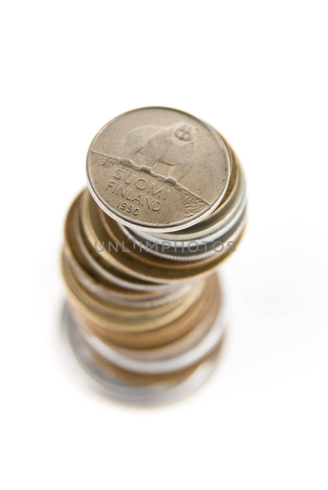 Stack of finland penni Coins isolated on white