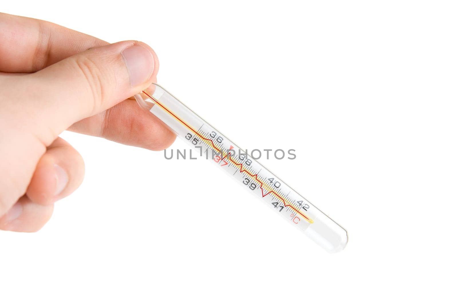 Human Hand with thermometer on white background
