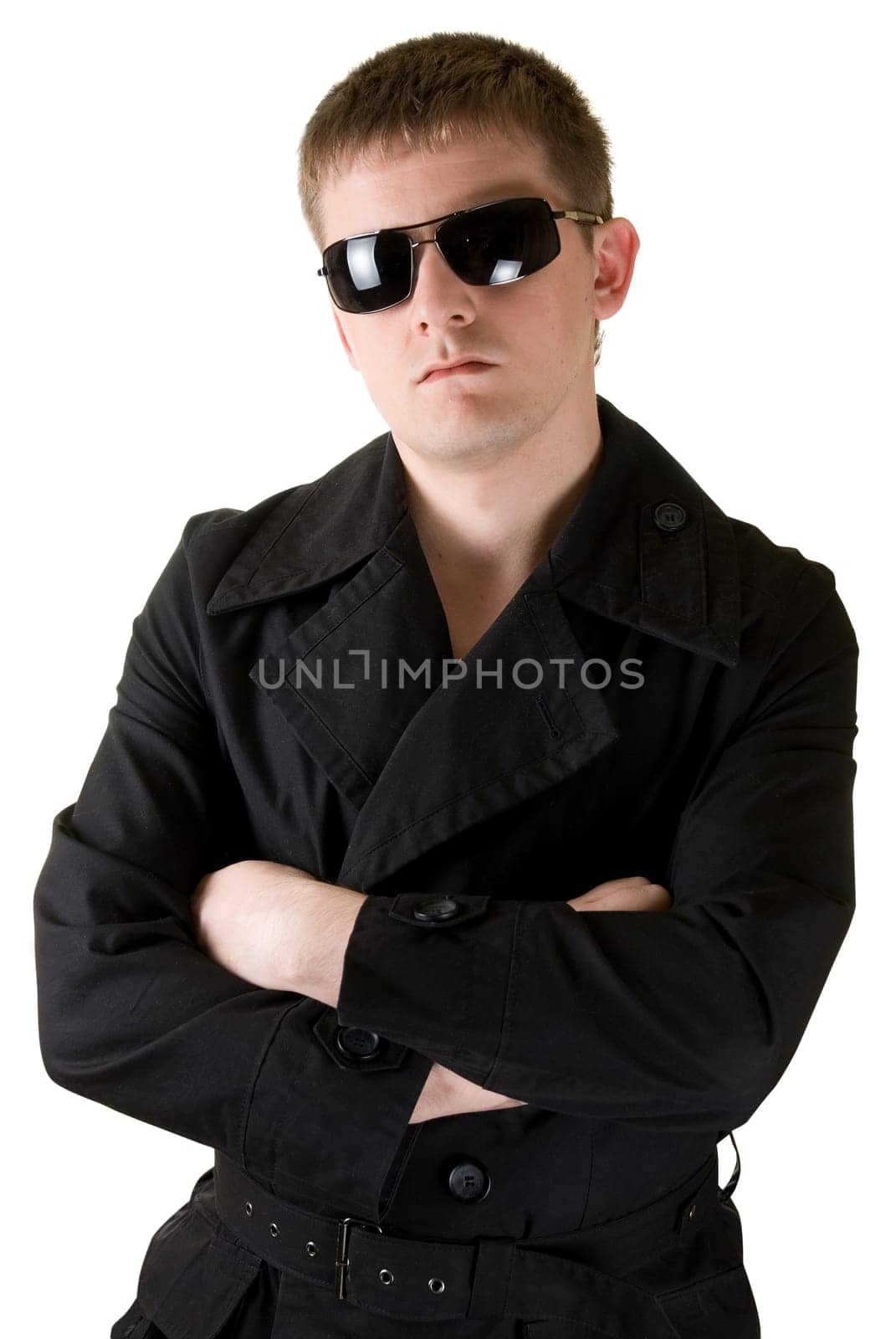 Young man Wearing black coat with sunglasses isolated on white Background