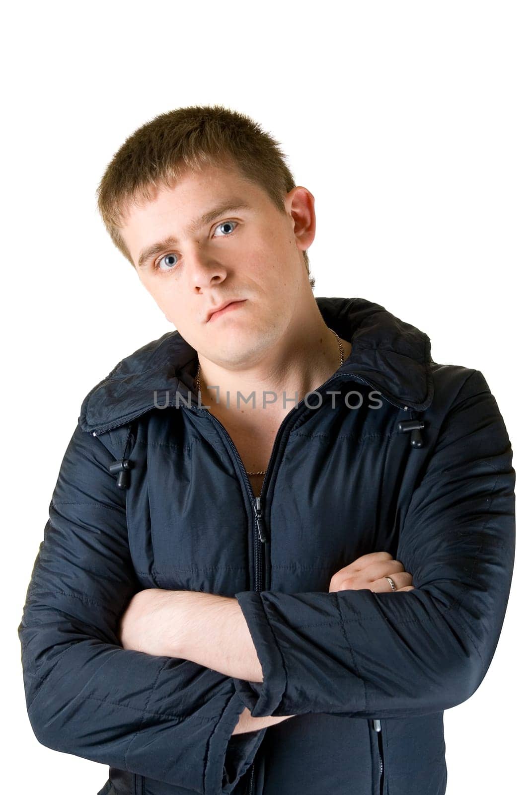 Portrait of man in down-padded coat isolated on white background