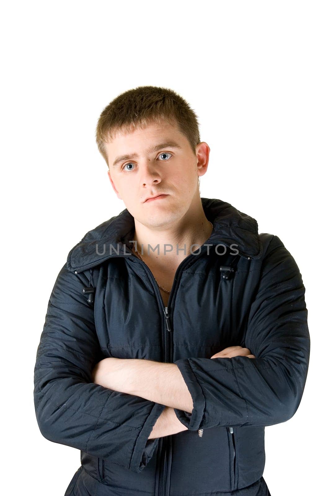 man in down-padded coat isolated on white background