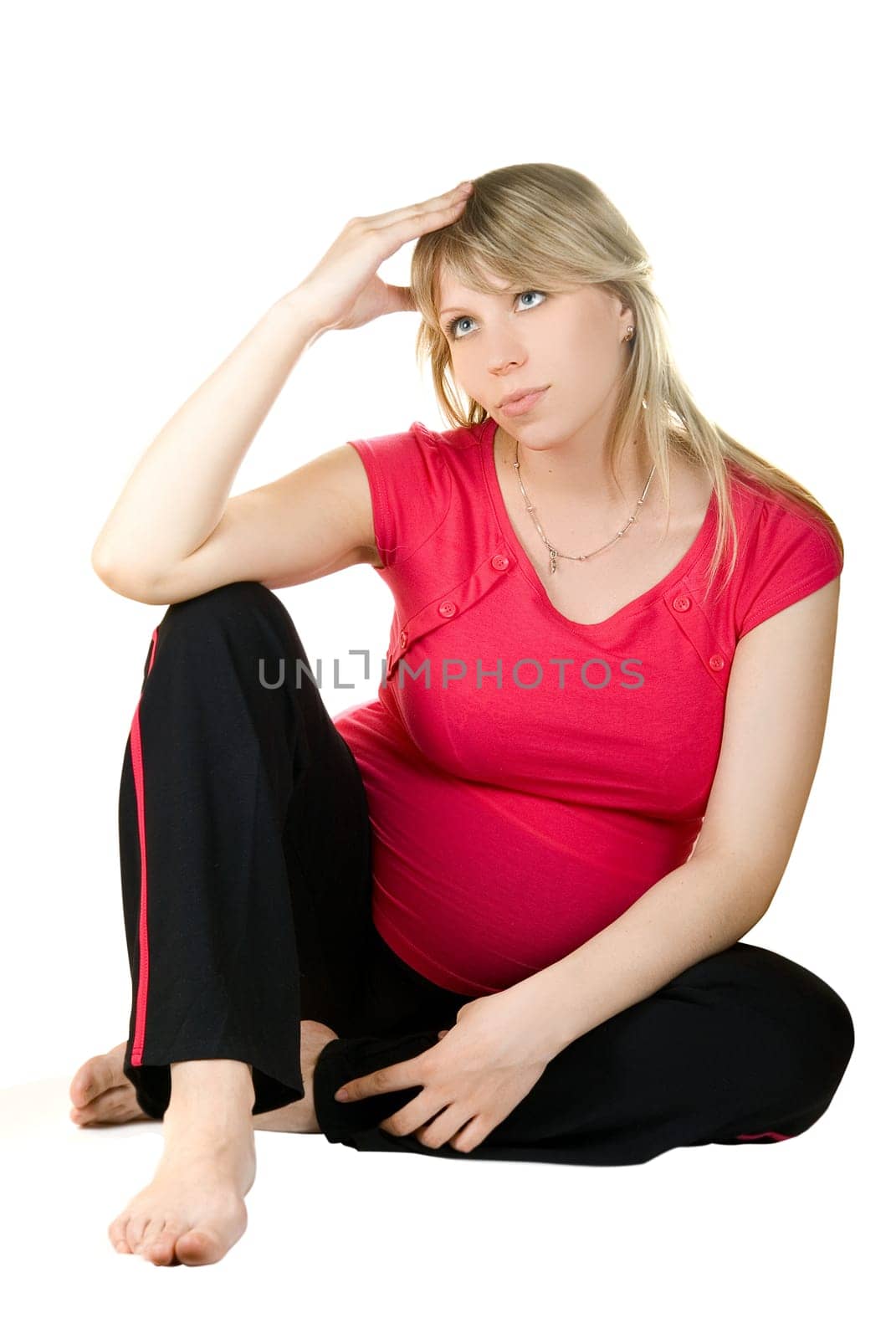 Pregnant thinking woman isolated on white background