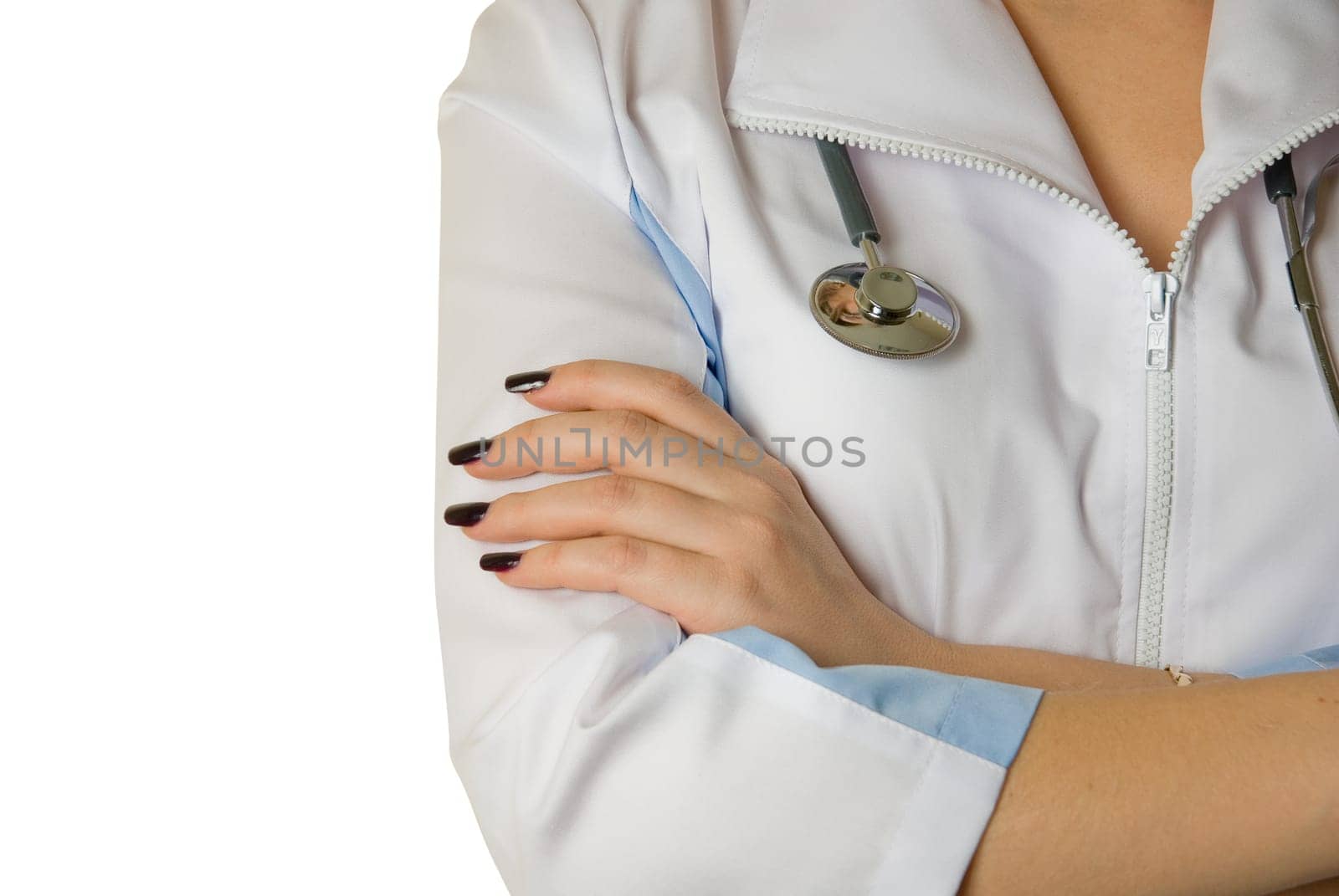 female doctor with stethoscope isolated on white