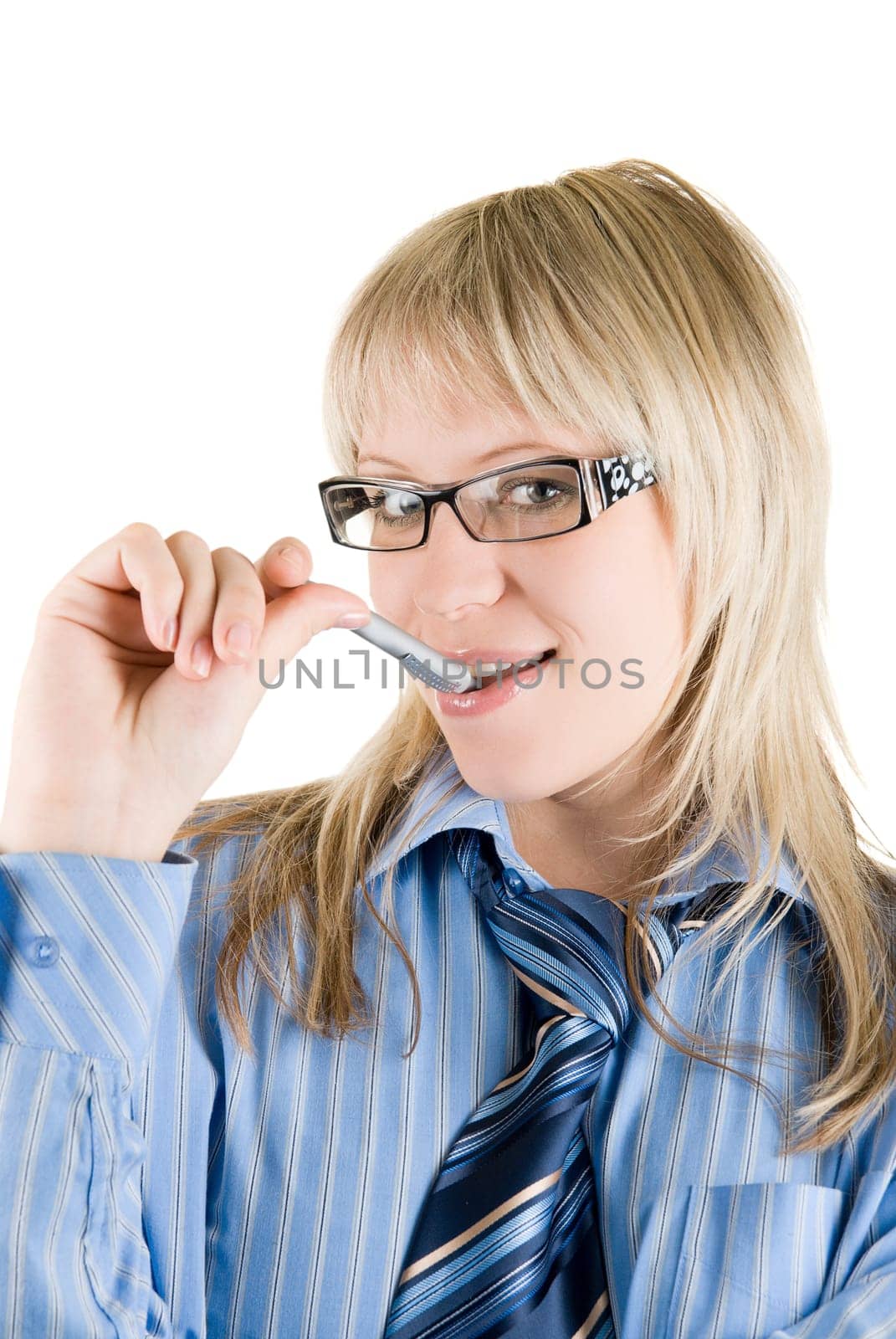 Blond Business woman with pen at mouth and glasses isolated on white