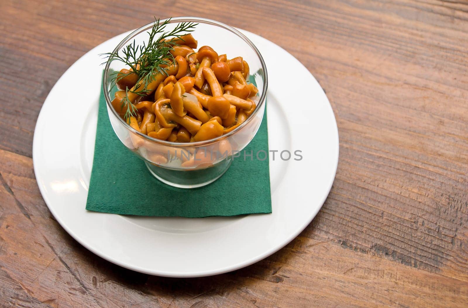 agaric honey at plate on wood table background
